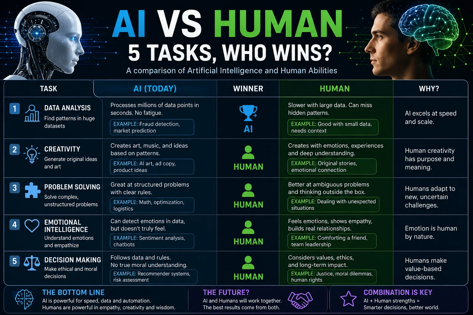 Human and artificial intelligence competing across five tasks