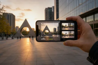 Smartphone sans marque photographiant une sculpture urbaine avec aperçus de cadrage et de profondeur de champ