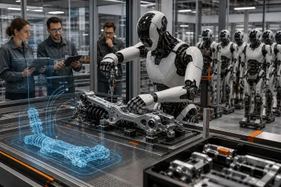 Editorial illustration of a generic industrial humanoid training inside a manufacturing cell