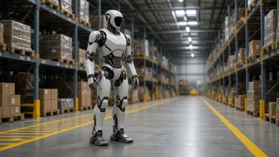 Editorial illustration of a generic white humanoid robot in a warehouse aisle