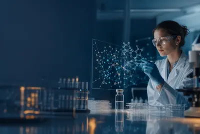 A pharmaceutical scientist studying a computer-generated molecular model
