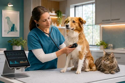 Editorial illustration of a veterinarian examining a dog with a digital stethoscope while a cat waits nearby