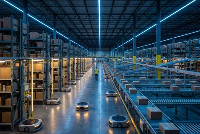 Original illustration of a very large modern logistics warehouse where rows of autonomous transport robots run alongside tall shelving