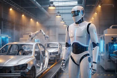 Editorial illustration of a white humanoid robot standing beside an automotive body assembly line in an industrial hall