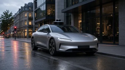 Editorial illustration of a generic silver electric robotaxi on a wet European city street