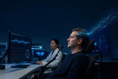A participant uses a computer during a supervised brain-interface study