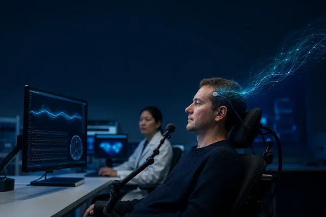 A participant uses a computer during a supervised brain-interface study