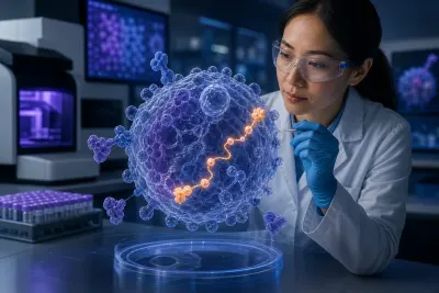 An oncology researcher examines a tumour-cell model with one highlighted molecular pathway