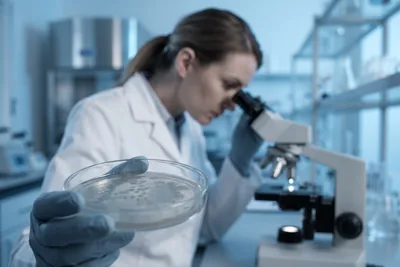 Editorial illustration of a researcher in a lab coat examining a petri dish at a microscope