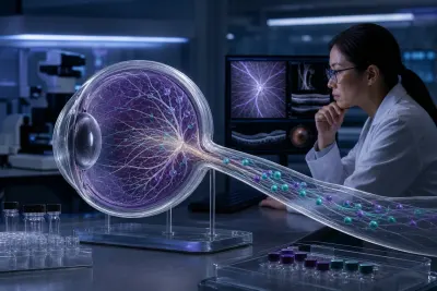 A researcher studies an eye and optic-nerve model in an epigenetic therapy laboratory