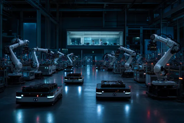 Des robots industriels et véhicules autonomes travaillent dans une usine sans éclairage mais supervisée
