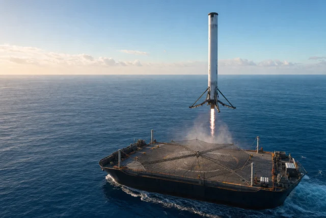 Photorealistic editorial illustration of an orbital first stage descending toward a cross-shaped net on a recovery ship