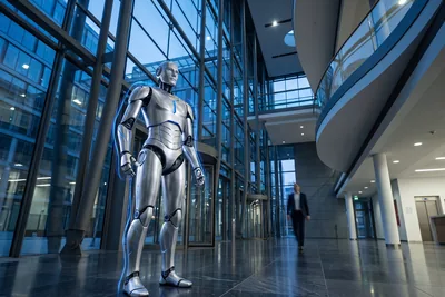 Editorial illustration of a silver humanoid robot in a contemporary corporate atrium, edged with a blue rim light