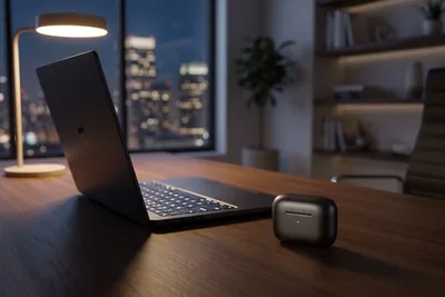 Editorial illustration of a late-night workstation with a laptop and a wireless earbud under warm light