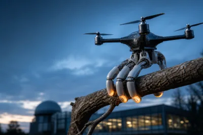 Editorial illustration of a generic micro-drone gripping a branch with a tactile robotic hand