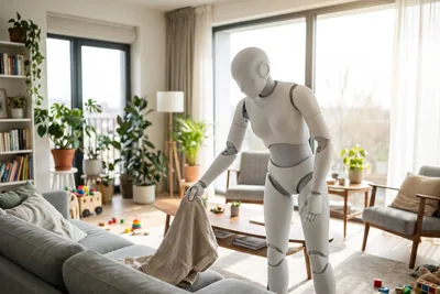 Editorial illustration of a humanoid robot tidying a living room in a modern apartment