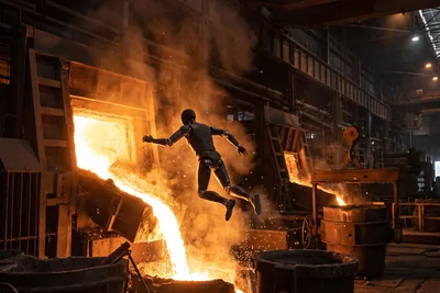 Editorial illustration of a humanoid robot near a molten steel pour inside a foundry