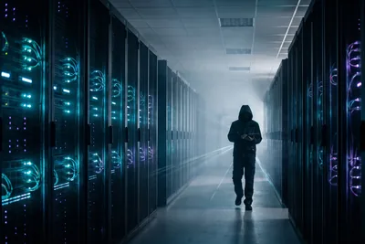 Illustration éditoriale d’un couloir de serveurs éclairé dans un centre de données sombre, avec la silhouette d’un ingénieur