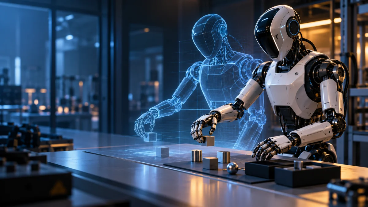 Generic humanoid robot manipulating an object in front of a translucent digital twin in a laboratory