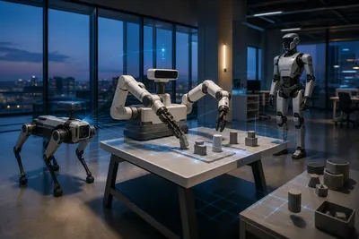 Generic robotic arms, quadruped and humanoid coordinated by spatial intelligence in a research laboratory