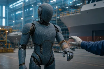 Original humanoid robot with tactile sensor skin beside a worker in a shipyard
