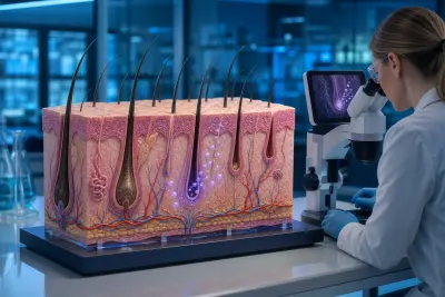 A dermatologist examines a magnified research model of scalp and hair follicles