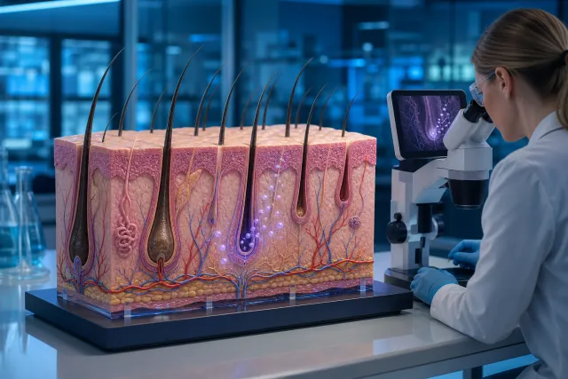 A dermatologist examines a magnified research model of scalp and hair follicles