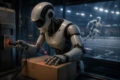 Editorial illustration of a generic humanoid connecting a cable while another runs in an arena