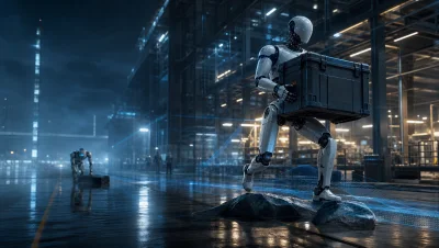 Robot humanoïde franchissant un obstacle avec une caisse dans un hall d’essais industriel