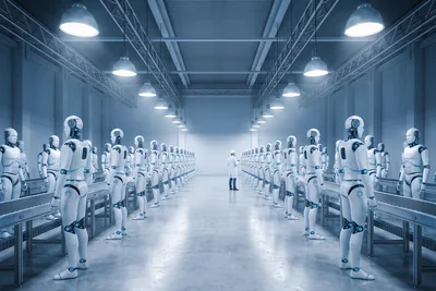 Editorial illustration of a row of industrial humanoid robots in a logistics warehouse