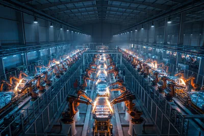 Aerial view of a vast automated car factory at night, with rows of orange robotic arms