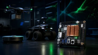 Editorial reconstruction of a compact edge-AI computer powering a drone, rover and home robot