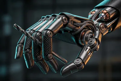 Studio close-up of a five-fingered metallic robotic hand with visible joints and sheathed cables on a dark background