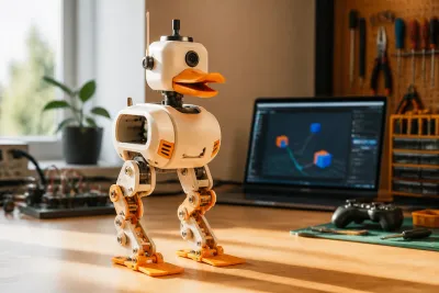Original illustration of a small duck-inspired programmable robot on a home maker desk