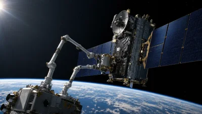 Editorial reconstruction of an orbital servicing craft using two robotic arms beside a communications satellite