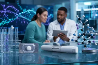 An unbranded tablet, injector pen and molecular model in an obesity research clinic