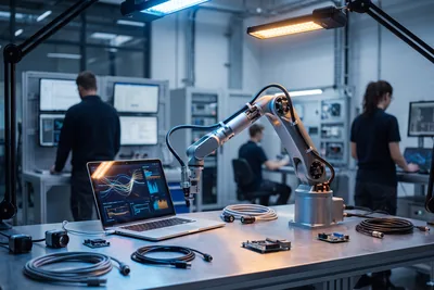 Original illustration of a laboratory robot arm on a workbench facing a control screen displaying plotted curves