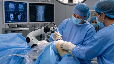 Editorial reconstruction of surgeons using a robotic guidance arm during knee replacement