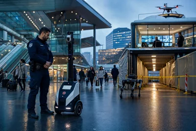 Police officer supervising a patrol robot while a quadruped and drone inspect a transit hub
