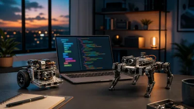 Generic wheeled and quadruped programmable robotics kits beside a development laptop