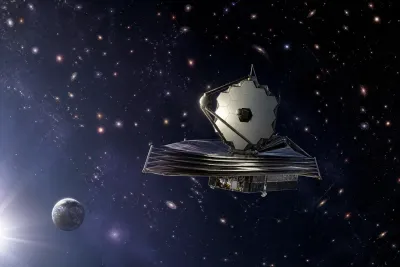 Original editorial illustration of a wide-field space telescope travelling beyond Earth