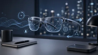 Editorial illustration of conceptual AR glasses with abstract holographic interfaces