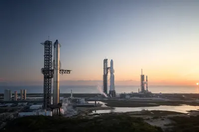 Photorealistic editorial illustration of several modern orbital launch vehicles on separate coastal launch pads