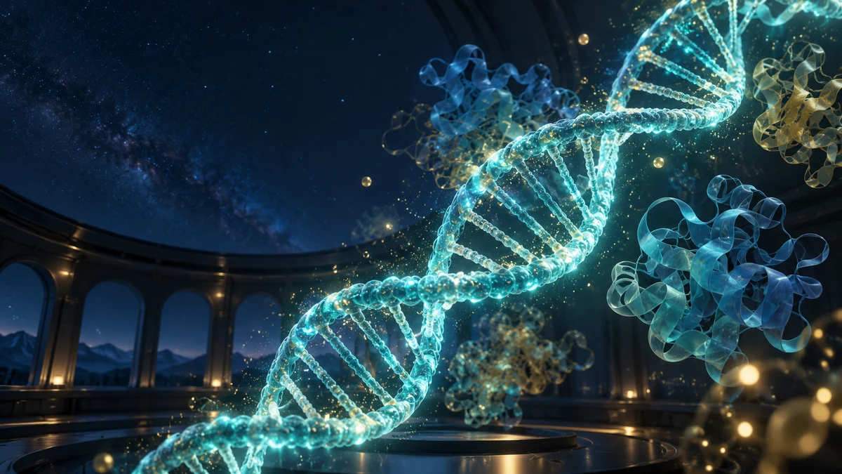 Illustration conceptuelle de la recherche biologique assistée par IA