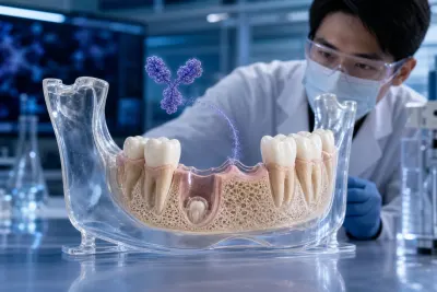 A dental researcher studies a jaw model with a missing tooth and dormant tooth bud