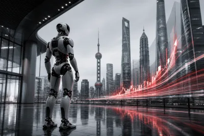 Editorial illustration of a generic humanoid overlooking Shanghai’s financial district