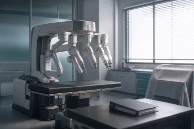 Prototype original de robot chirurgical éteint dans un laboratoire médical calme