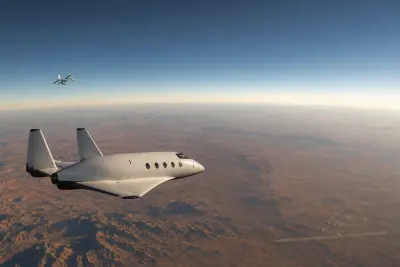 Photorealistic editorial illustration of a twin-tail suborbital spaceplane gliding above the New Mexico desert