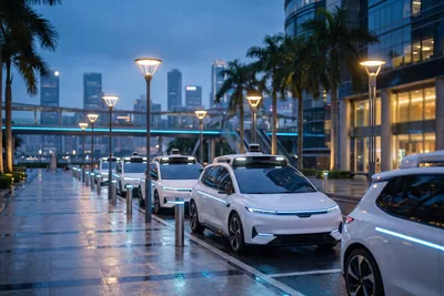 Illustration éditoriale de véhicules autonomes marqués dans une rue de Singapour au crépuscule