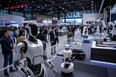 Editorial illustration of a vast robotics show with humanoids, mobile robots and industrial arms